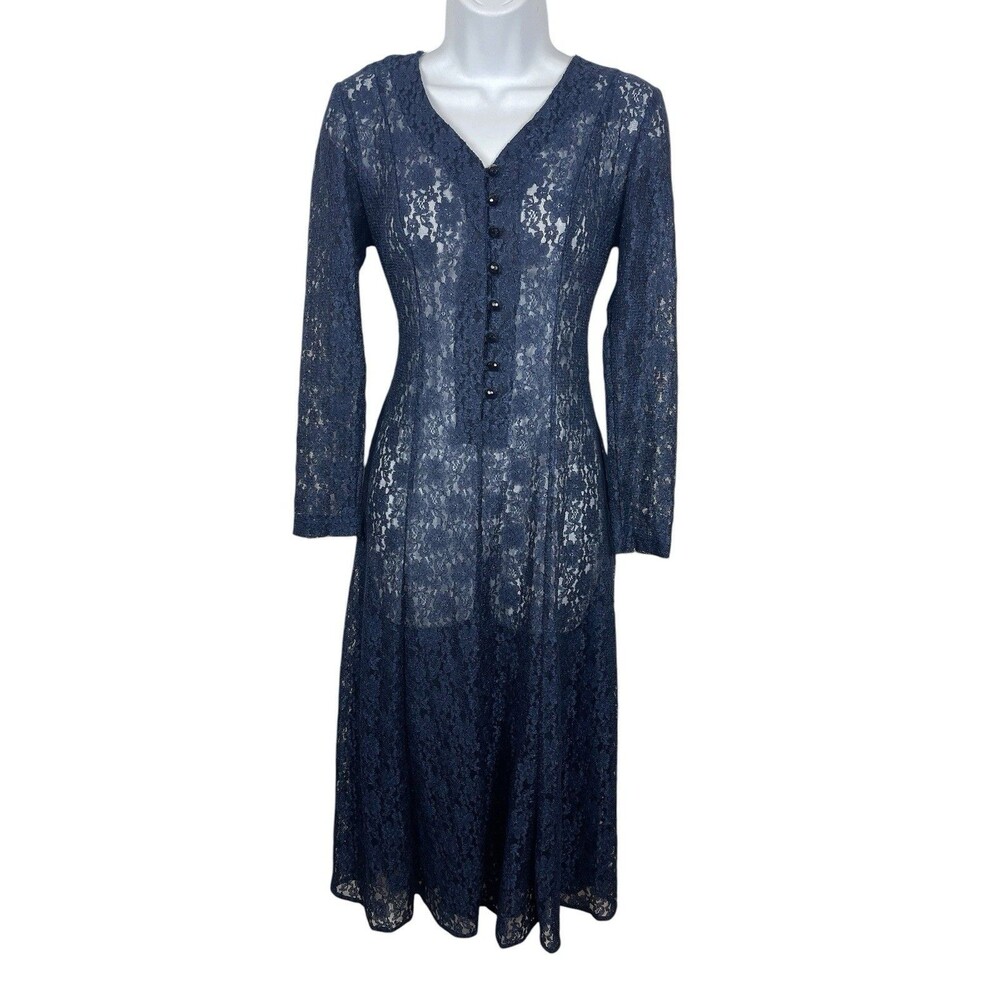 Arianna Navy Lace Midi Dress Long Sleeve Lace Up Back Whimsigoth Victorian Sz 3